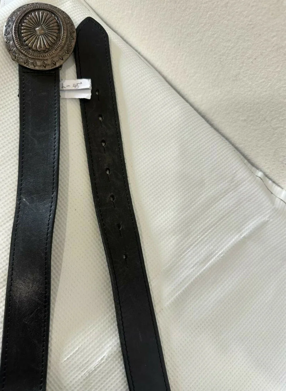 Vintage Western Black Leather Belt with Engraved Silver Concho Buckle